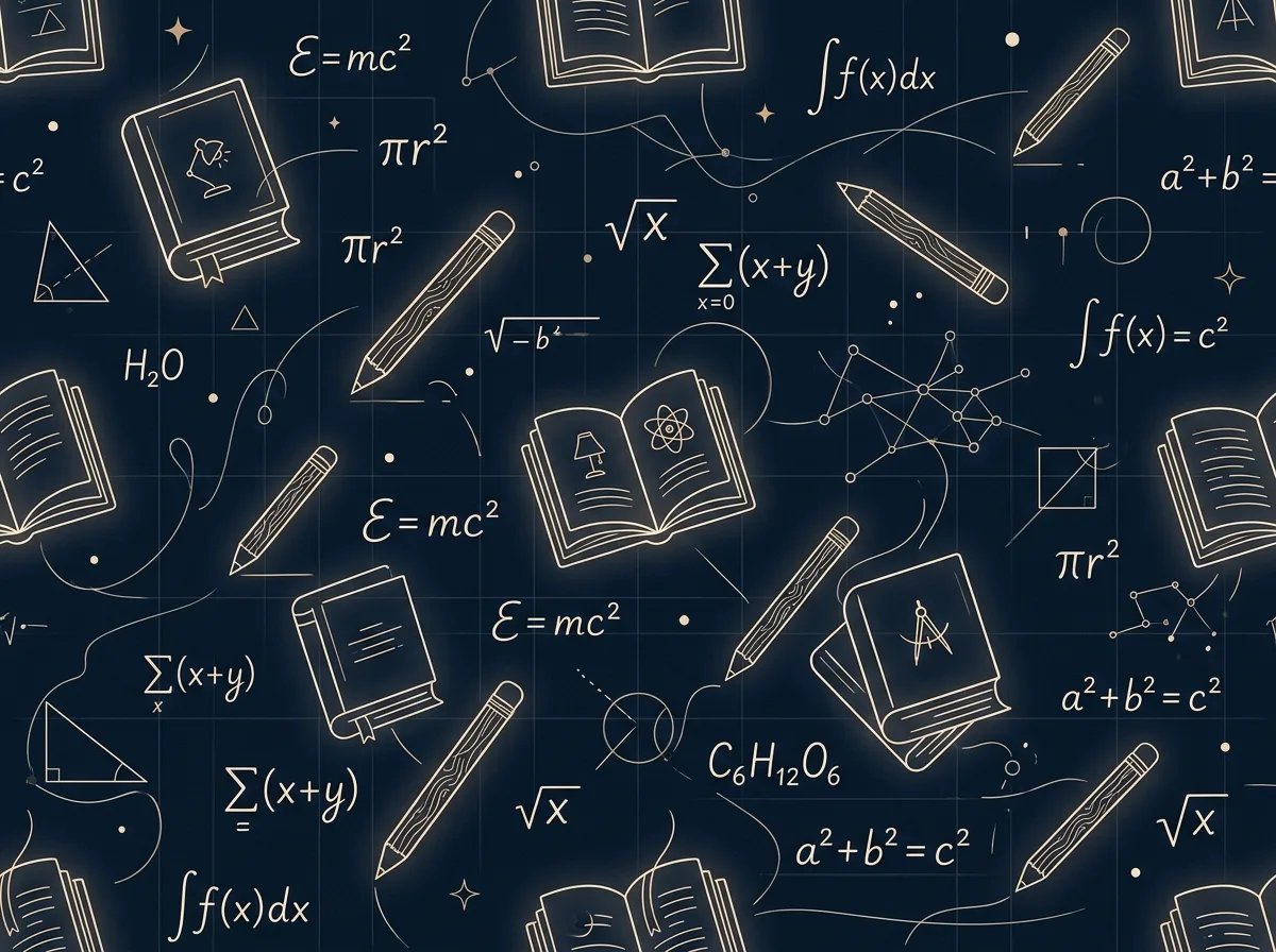 Светлый абстрактный паттерн из книг, карандашей и формул на тёмно-синем фоне — образовательная тематика, минималистично