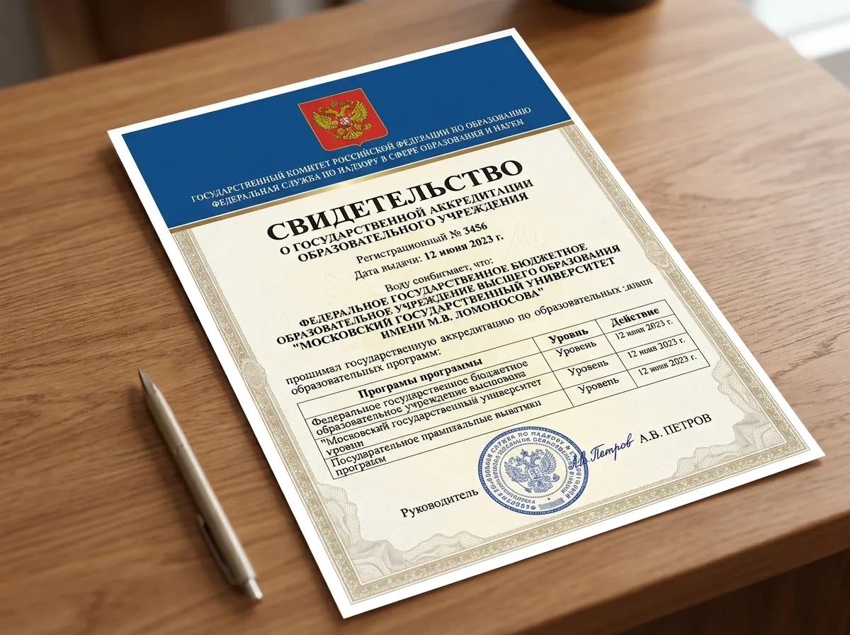 Свидетельство о государственной аккредитации образовательного учреждения с печатью и подписью руководителя, официальный документ на синем бланке